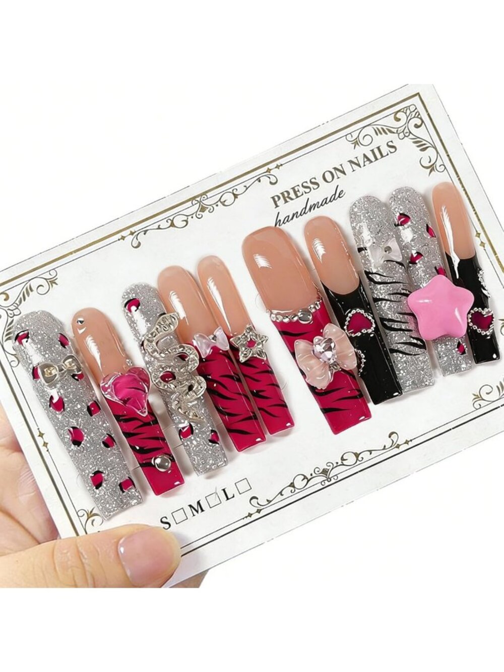 10 Pcs Extra Long Handmade Square Press-On Nails with 3D Charms - M Size